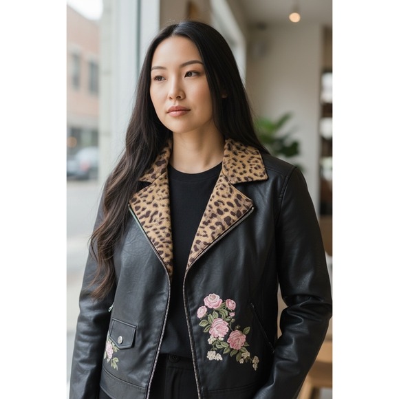 Allure by Julia K Jackets & Blazers - Allure by Julia K Womens XL‎ Black Faux Leather Moto Jacket Leopard Rose Floral